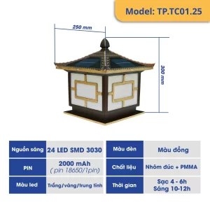 Đèn trụ cổng mái ngói nâng cấp năng lượng mặt trời (TP.TC01.25/ TP.TC01.30)